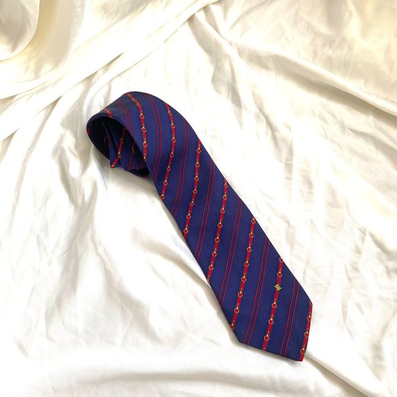 Celine Paris blue red stripped silk luxury men's neck tie - Picture 8 of 9